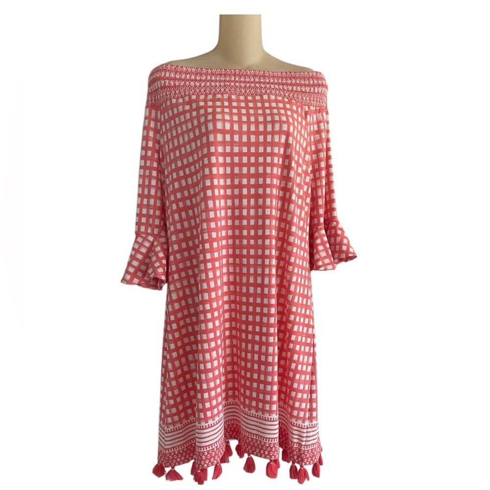 Cabana Life Nantucket Smocked Off Shoulder Coral Mini Dress Tassels Size XL